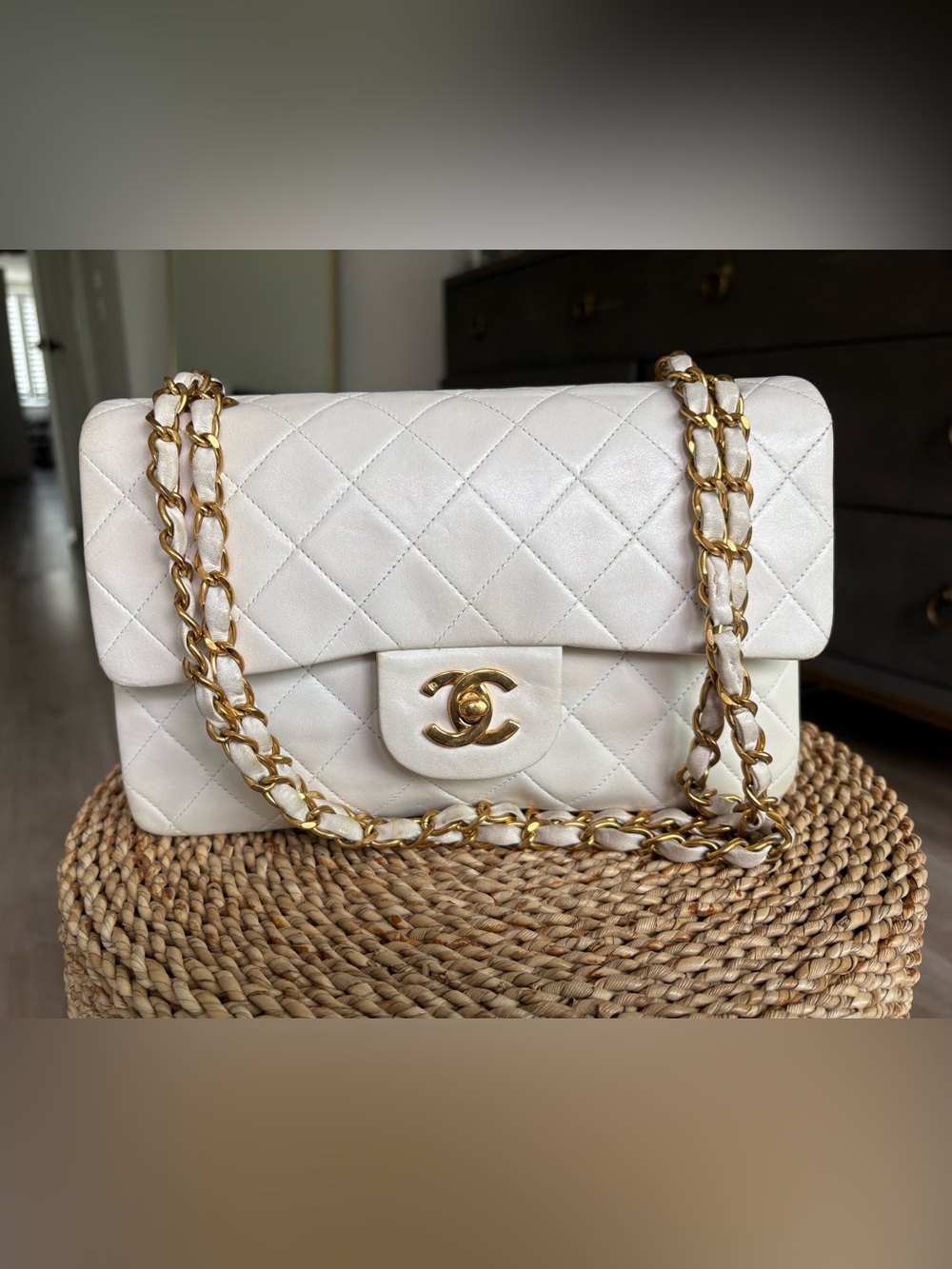 CHANEL White Quilted Lambskin Shoulder Bag